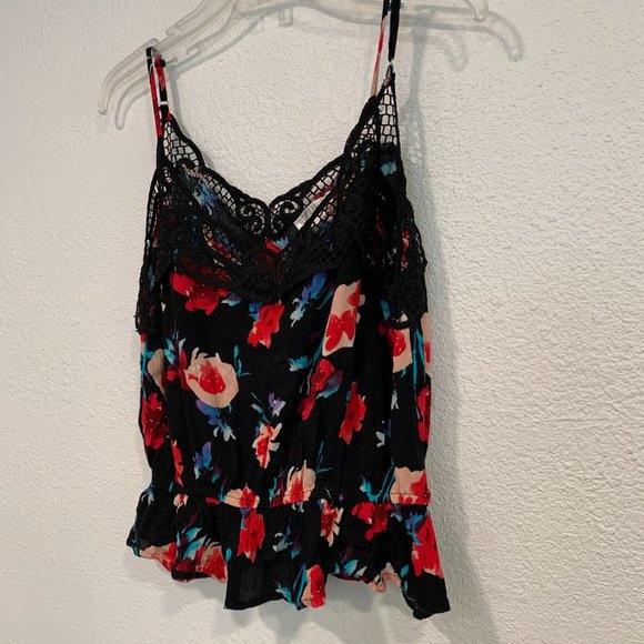 ReVamped Crop Tank Top Spaghetti Straps Elastic Ruffle Black Floral Size Large - Picture 7 of 8